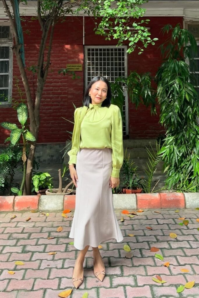 Lime Green High-Neck Blouse + Beige Satin Midi Skirt + Nude Bow Heels