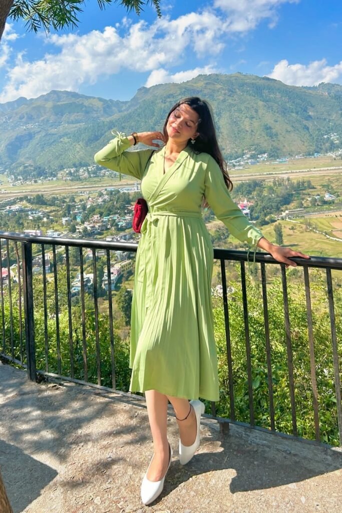 Lime Green Long-Sleeve Wrap Dress + White Pointed Flats + Red Crossbody Bag