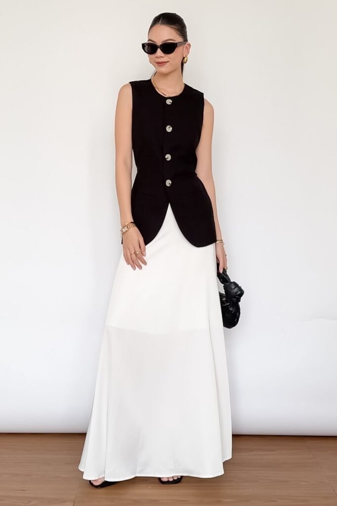 Long Black Vest + White Maxi Skirt + Black Strappy Sandals