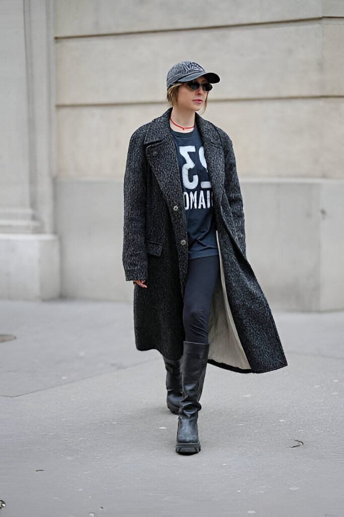 Long Charcoal Textured Coat + Graphic T-shirt + Black Leggings + Tall Black Platform Boots