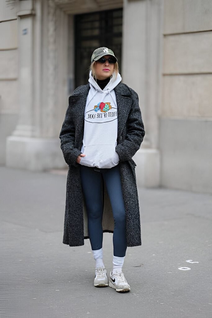 Long Charcoal Textured Coat over White Graphic Hoodie + Navy Leggings + White Athletic Sneakers with White Socks