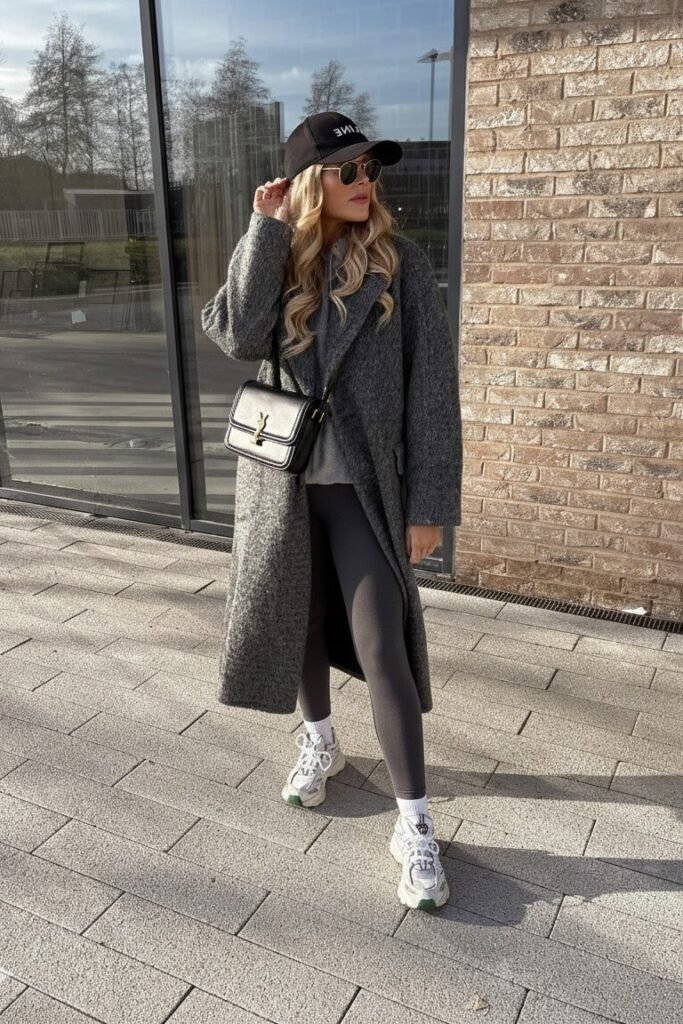 Long Grey Wool Coat + Grey Hoodie + Dark Grey Leggings + White Athletic Sneakers