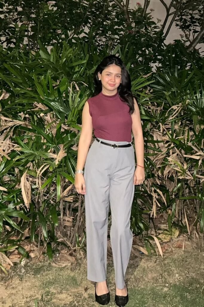 Maroon Mock-Neck Sleeveless Top + Light Grey Wide-Leg Trousers + Black Ballet Flats