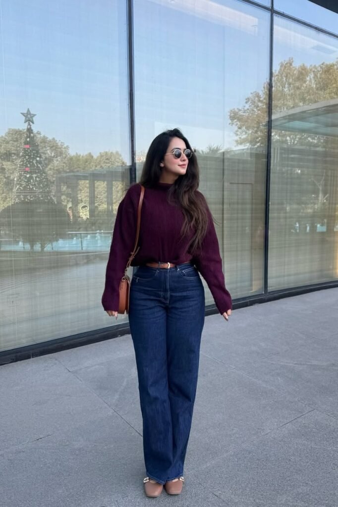 Maroon Mock Neck Sweater + Dark Wash Wide Leg Jeans + Brown Ballet Flats
