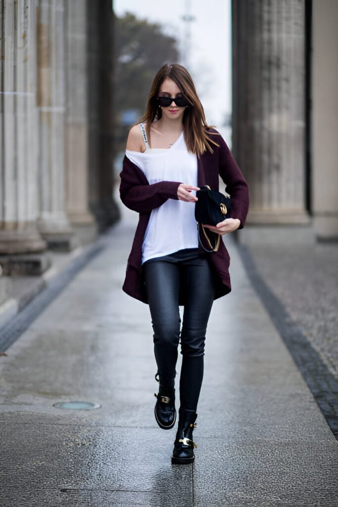 Maroon Oversized Cardigan + White Off-the-shoulder Top + Black Faux-leather Leggings + Black Buckled Boots