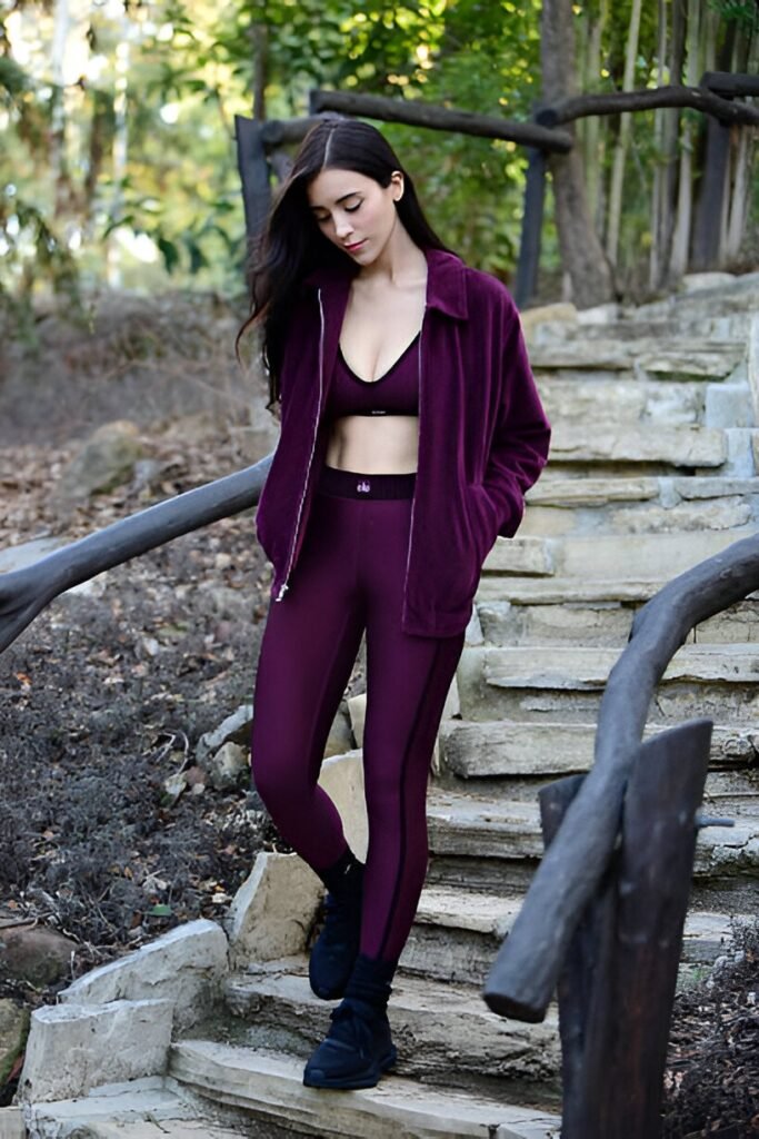 Maroon Velvet Zip-Up Jacket + Maroon Leggings + Black High-Top Sneakers