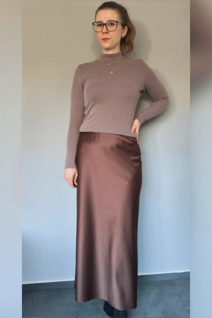 Mauve Mock-Neck Long Sleeve Top + Chocolate Brown Satin Maxi Skirt + Black Boots