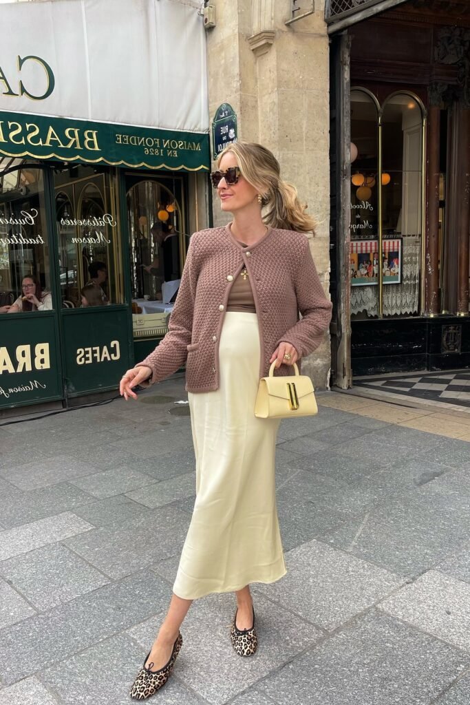 Mauve Textured Cardigan + Cream Satin Slip Skirt + Leopard Print Ballet Flats