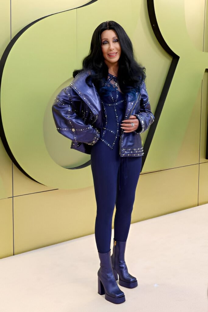 Metallic Purple Studded Jacket + Navy Bodysuit + Navy Platform Boots