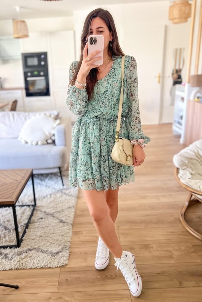 Mint Green Floral Mini Dress + White High-Top Sneakers + Cream Crossbody Bag