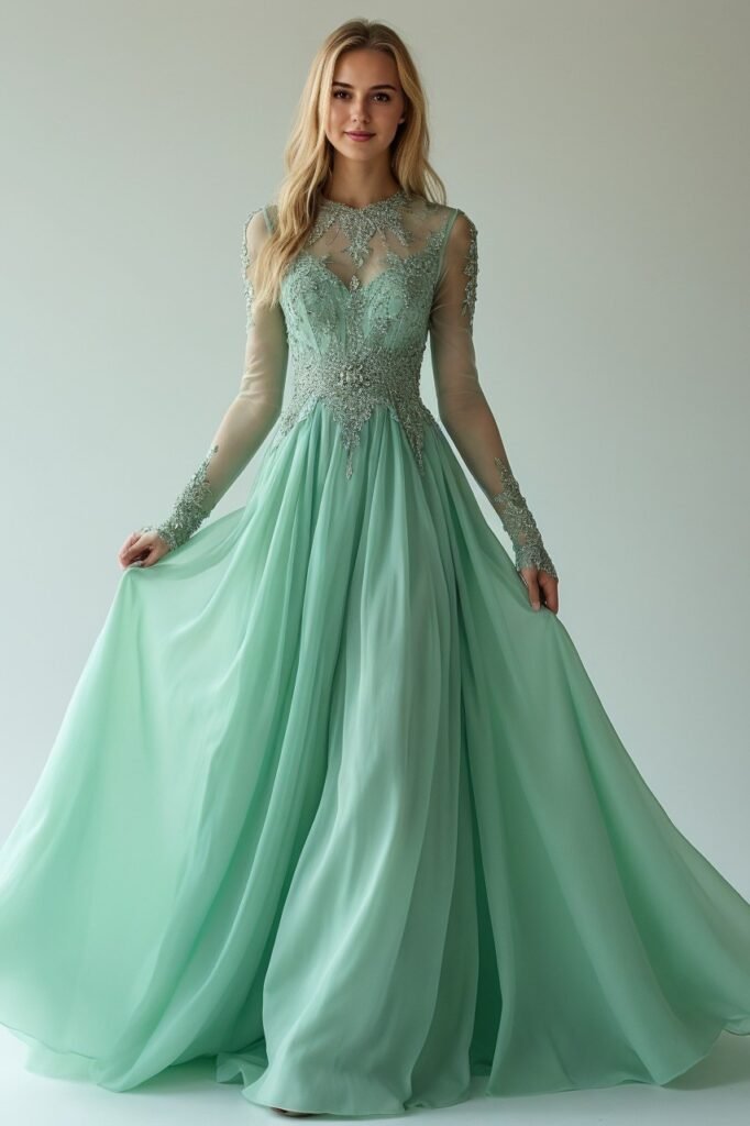 Mint Green Long-Sleeve Illusion Lace Gown + Flowing Chiffon Skirt