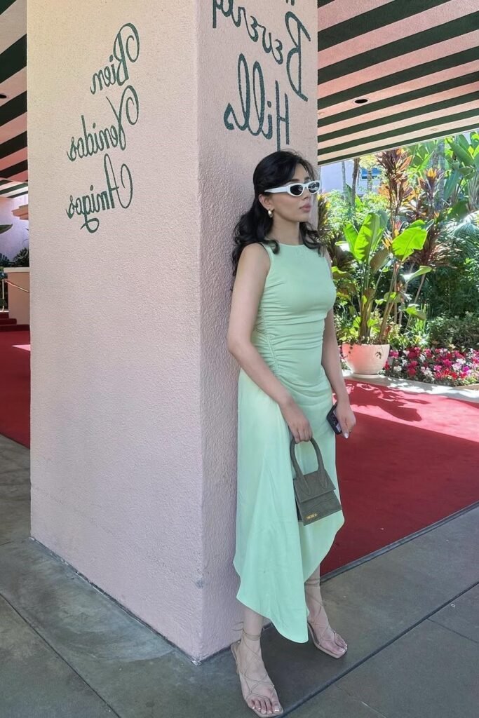 Mint Green Ruched Bodycon Dress + White Oval Sunglasses + Strappy Nude Sandals