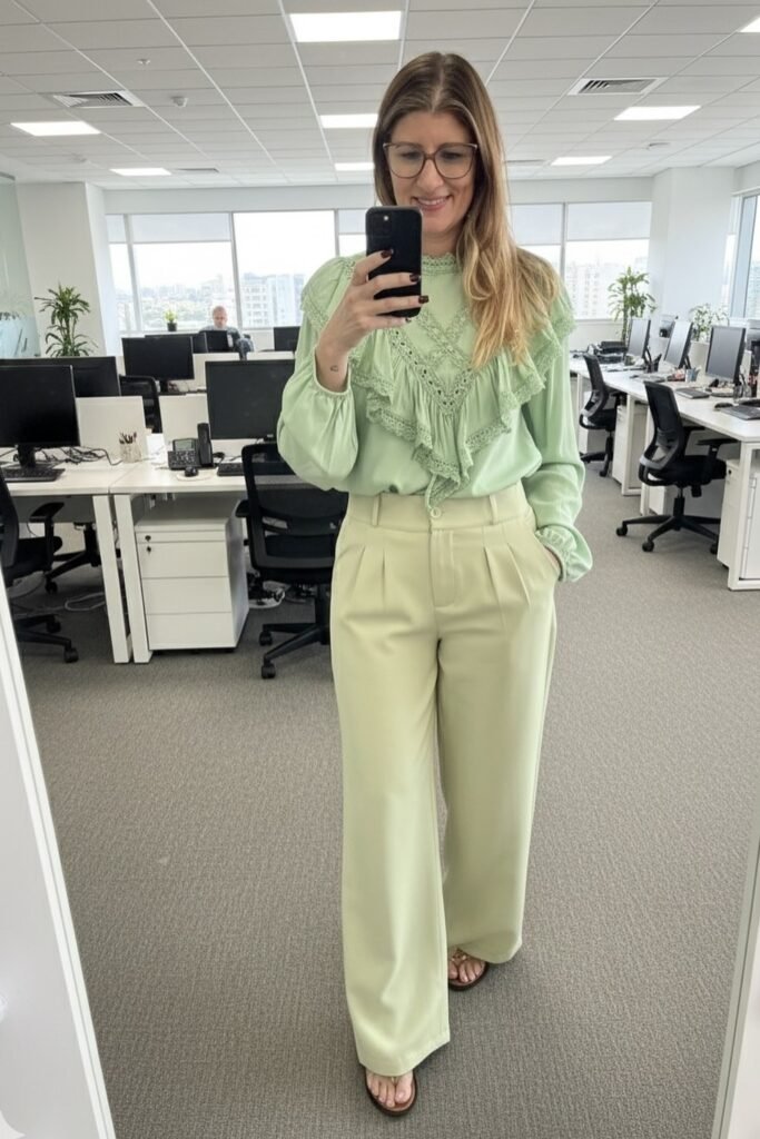 Mint Green Ruffle Lace Blouse + Mint Green Wide-Leg Trousers + Brown Flat Sandals