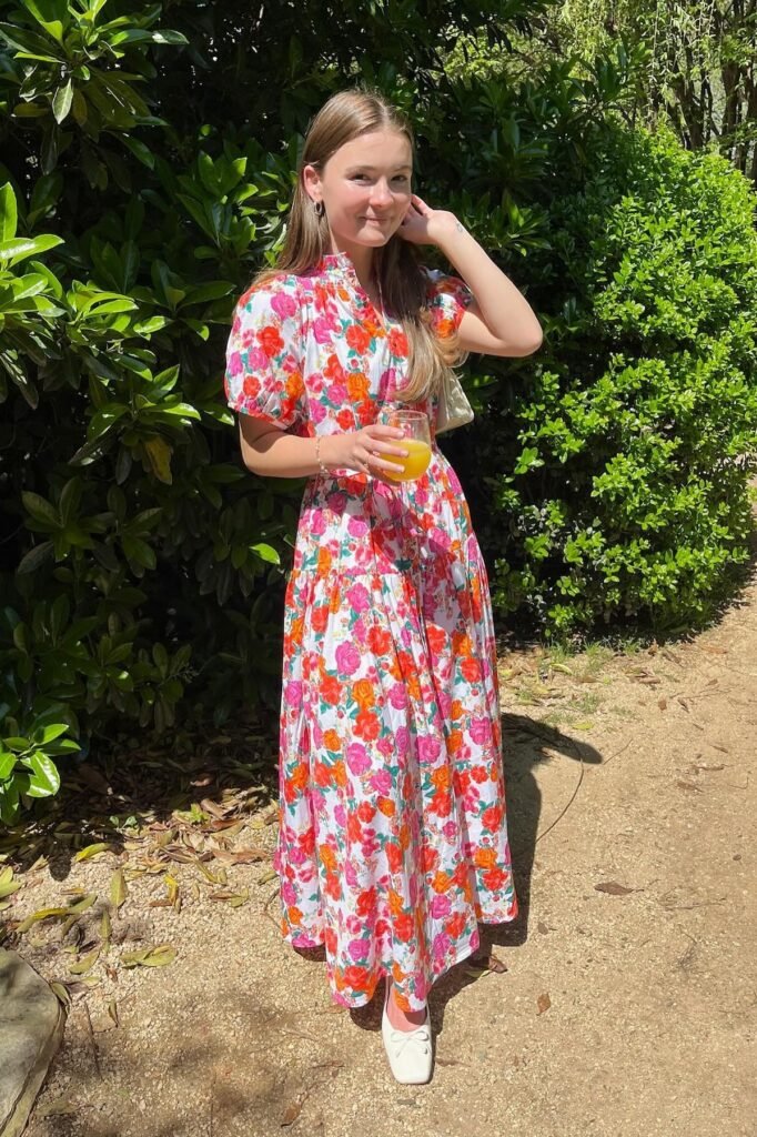 Multi-Color Floral Maxi Dress + White Square-Toe Flats + Gold Jewelry