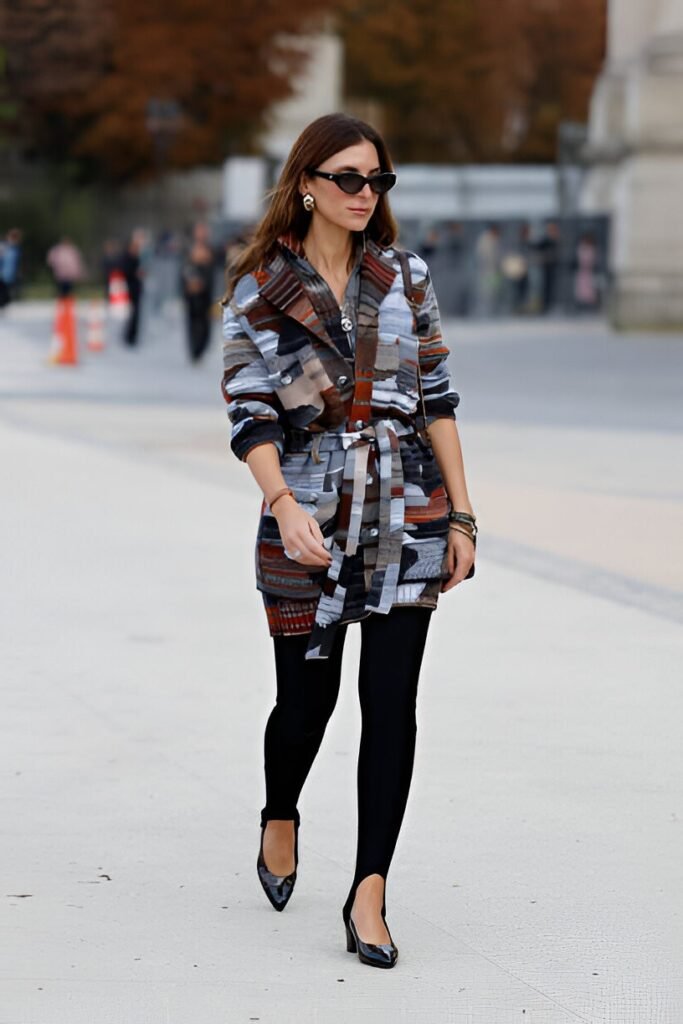 Multi-color Patterned Belted Jacket + Black Stirrup Leggings + Black Pointed Heels