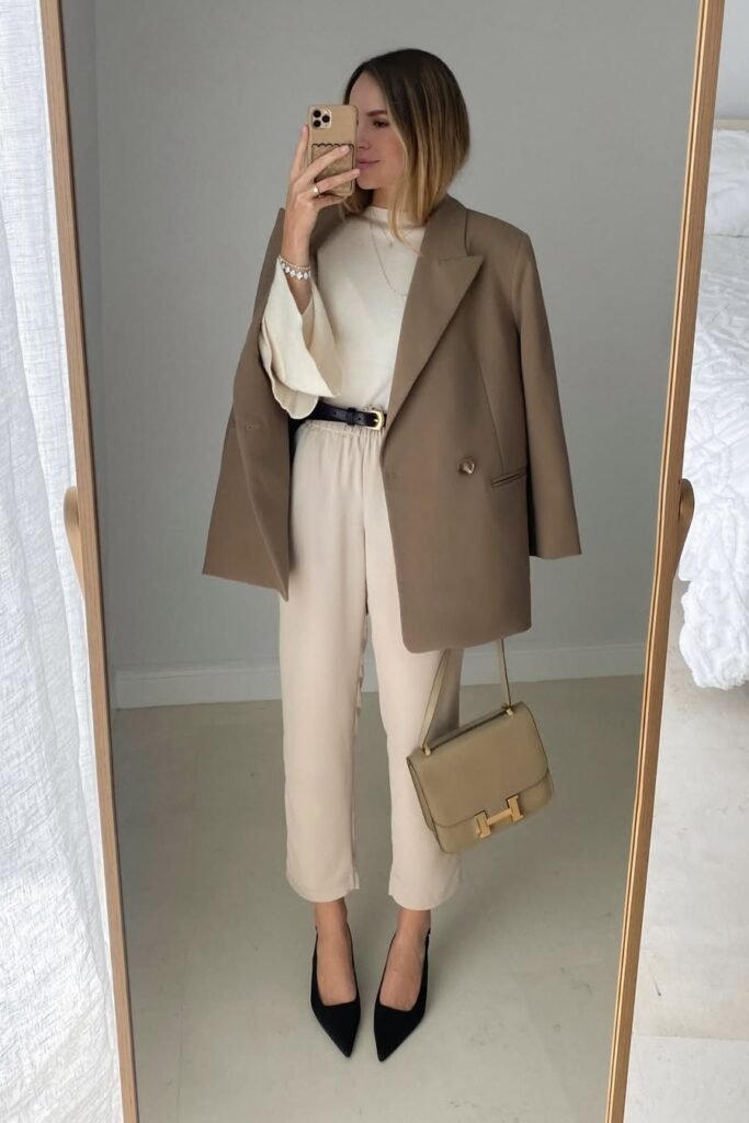 Muted Brown Blazer + Cream Wide-Sleeve Top + Beige Cropped Trousers + Black Pointed Heels
