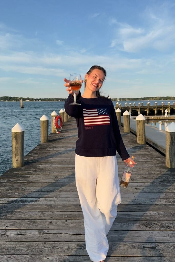 Navy American Flag Knit Sweater + White Wide-Leg Linen Trousers