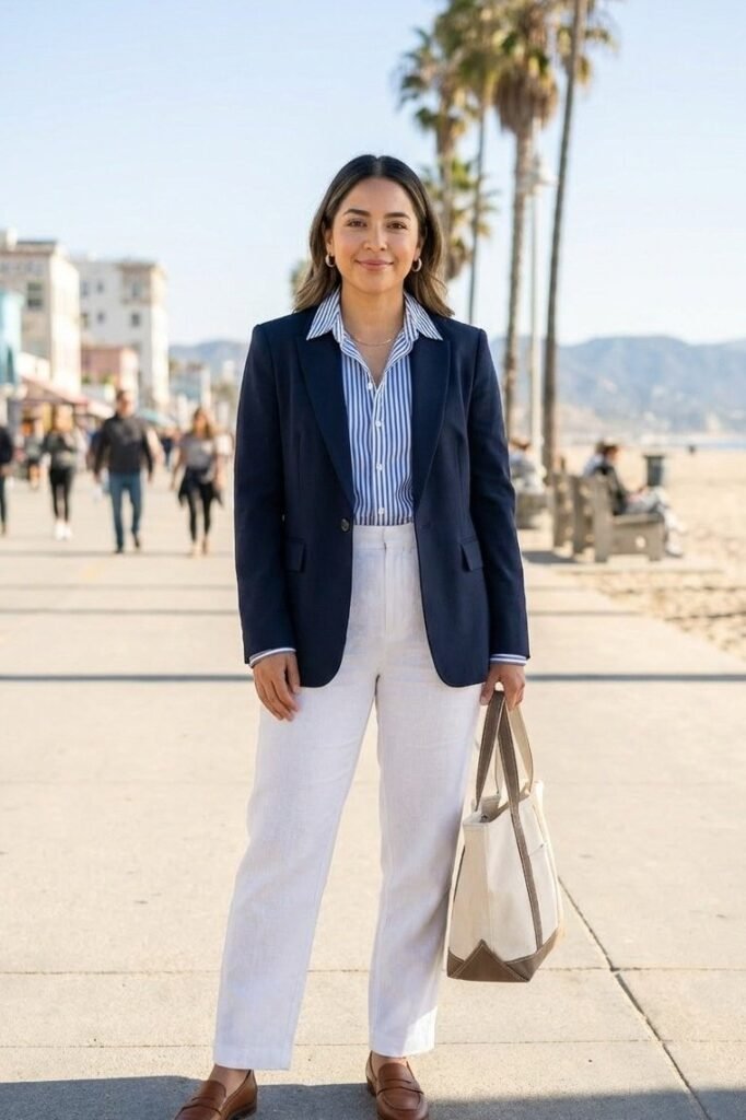 Navy Blazer + Striped Shirt + White Straight-Leg Trousers + Brown Loafers