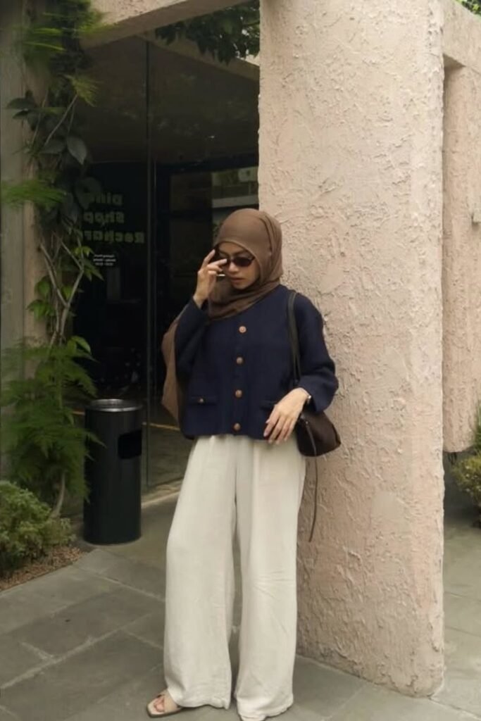Navy Blue Button-Up Cardigan + White Wide-Leg Trousers + Beige Sandals