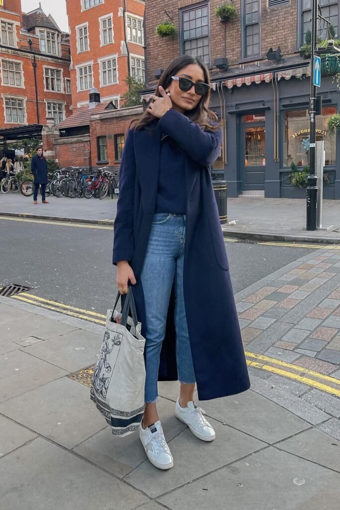 Navy Blue Long Coat and Sweater + Mid-Wash Straight-Leg Jeans + White Low-Top Sneakers