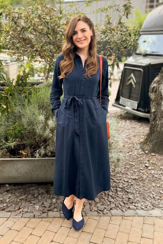 Navy Blue Long-Sleeve Shirt Dress + Thin Waist Tie + Navy Pointed Flats