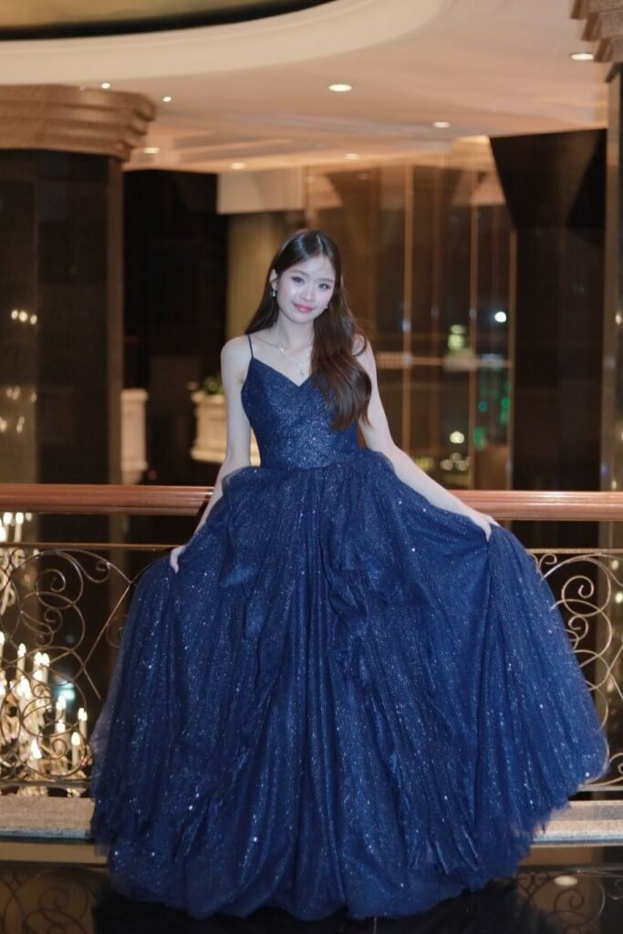 Navy Blue Shimmering Tulle Gown + V-Neckline + Thin Spaghetti Straps