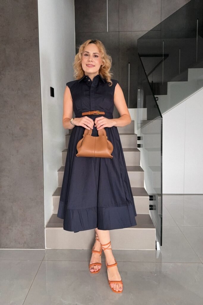 Navy Blue Sleeveless Collared Midi Dress + Tan Leather Belt & Matching Handbag + Tan Lace-Up Heeled Sandals