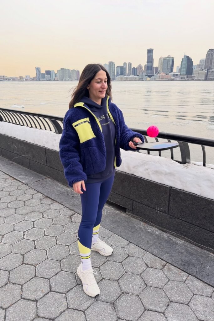 Navy Blue Teddy Jacket + Navy Blue and Yellow Leggings + White Sneakers