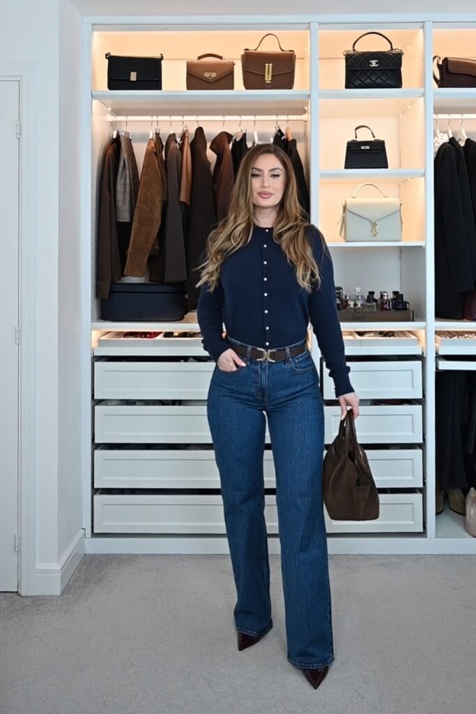 Navy Button-Down Cardigan + Dark Wash Straight-Leg Jeans + Brown Leather Belt + Brown Suede Tote