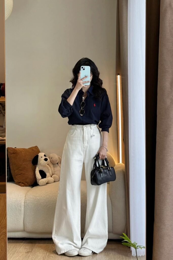 Navy Button-Down Shirt + White High-Waisted Wide-Leg Jeans + White Sneakers