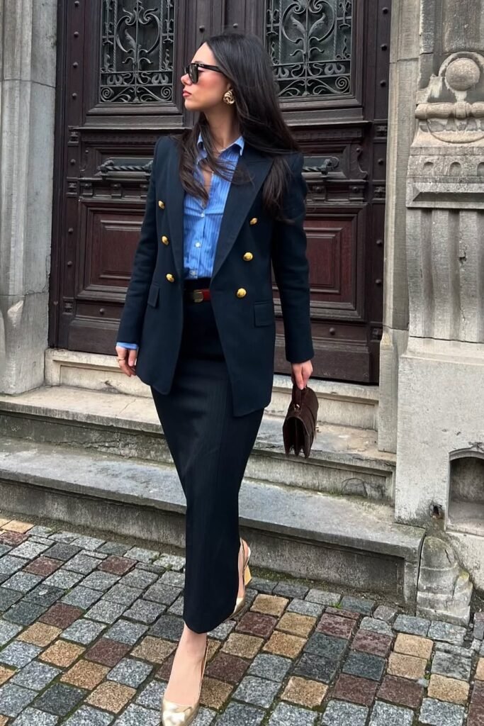 Navy Double-Breasted Blazer + Blue Striped Button-Down + Navy Column Maxi Skirt + Gold Heels