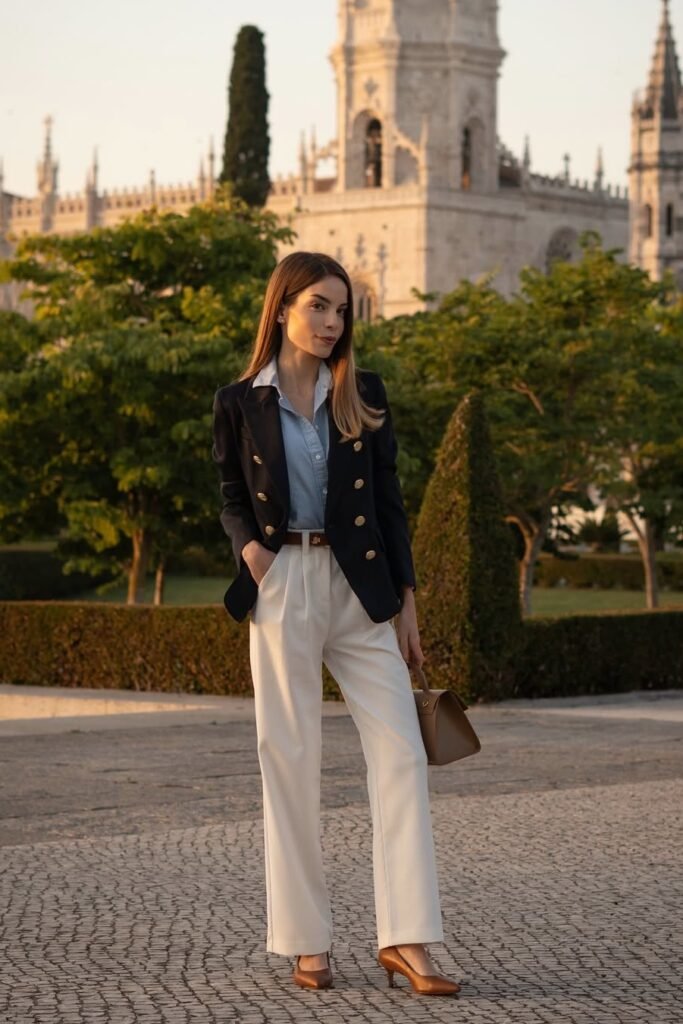 Navy Double-Breasted Blazer + Light Blue Button-Down Shirt + Off-White Wide-Leg Trousers + Tan Pointed-Toe Heels