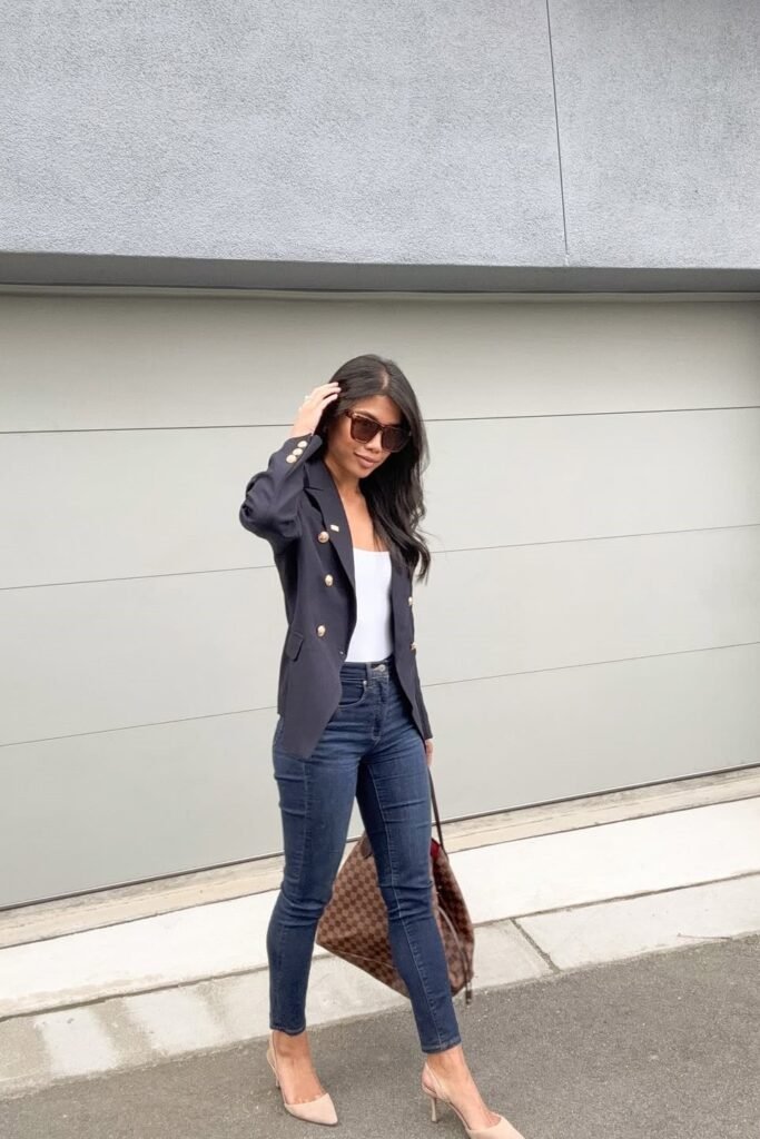 Navy Double-Breasted Blazer + White Bodysuit + Dark Wash Skinny Jeans + Nude Pointed-Toe Heels