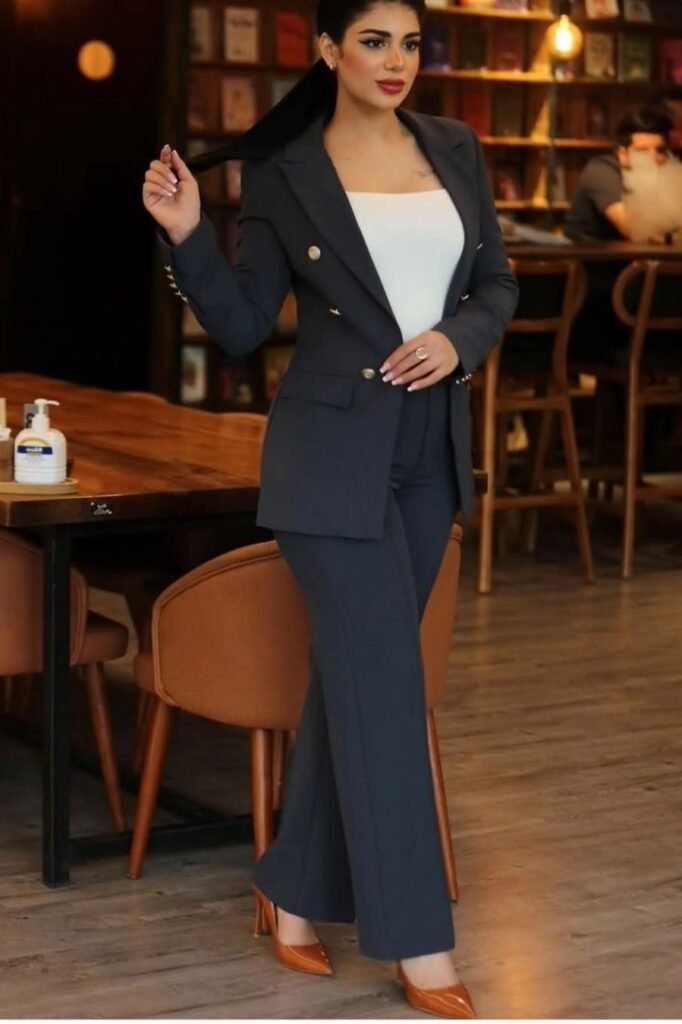 Navy Double-Breasted Blazer + White Square-Neck Top + Navy Wide-Leg Trousers + Tan Pointed Heels