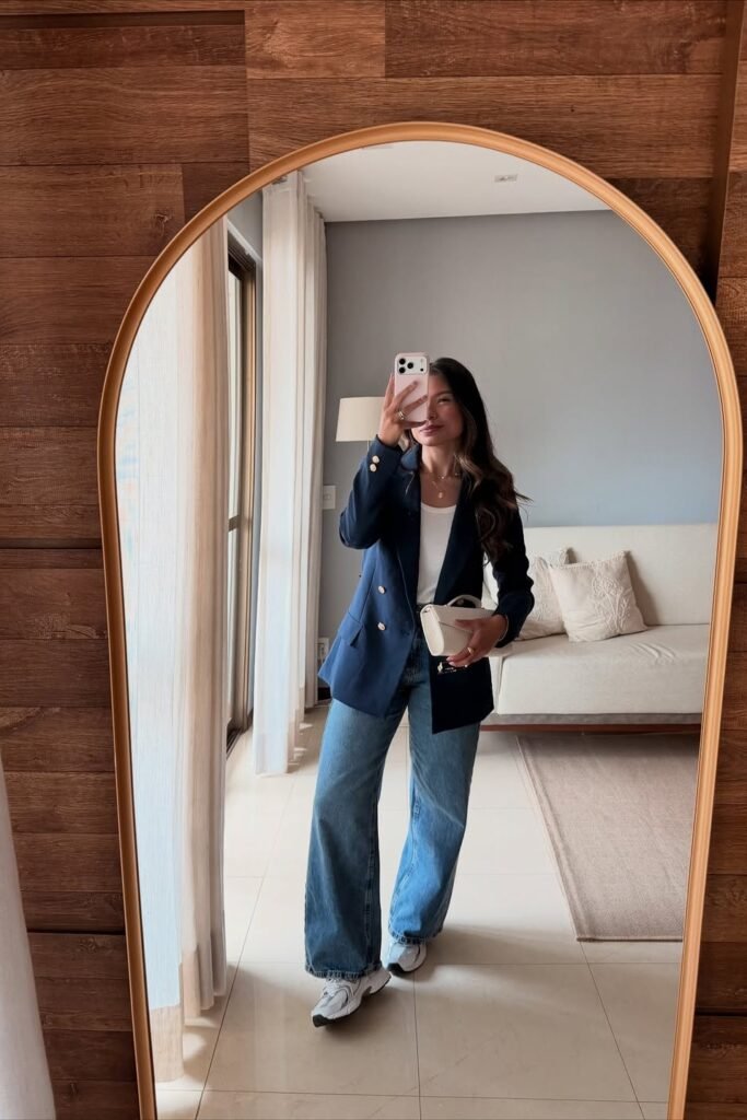 Navy Double-Breasted Blazer + White Top + Wide Leg Jeans + Chunky White Sneakers