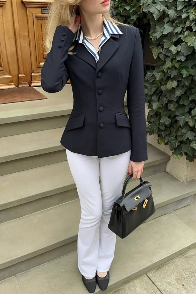 Navy Fitted Blazer + Blue and White Striped Collared Shirt + White Slim-Fit Trousers + Black Square-Toe Flats