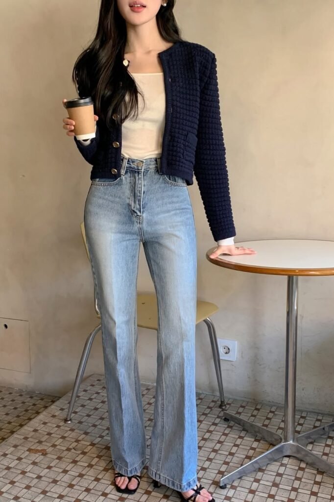 Navy Knit Cardigan + Cream Square-Neck Top + Light Wash Flared Jeans + Black Strappy Sandals