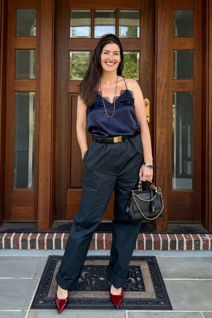 Navy Lace-Trim Satin Camisole + Dark Navy High-Waisted Trousers + Deep Red Pointed-Toe Heels