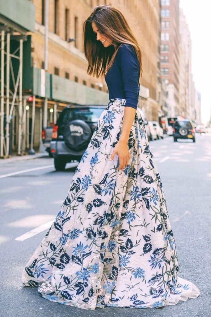 Navy Long-Sleeve Bodysuit + Blue and White Floral Maxi Skirt