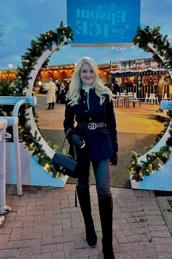 Navy Military-Style Coat with Gold Buttons + Black Leather Leggings + Black Over-the-Knee Boots