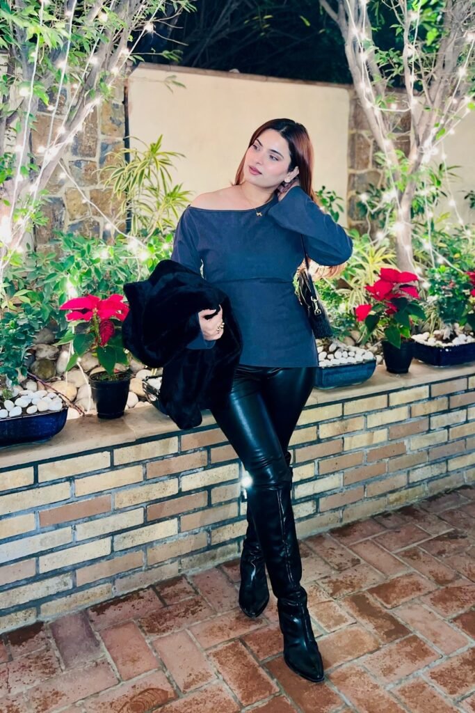 Navy Off-the-Shoulder Long Sleeve Top + Black Faux Leather Leggings + Black Pointed-Toe Stiletto Boots