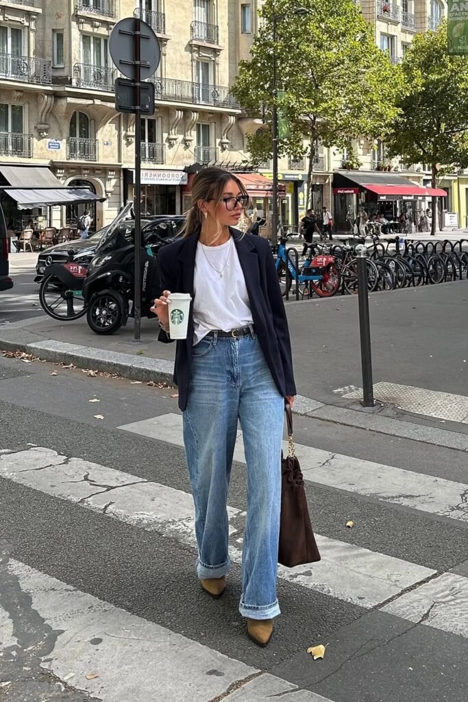 Navy Oversized Blazer + White T-Shirt + Light Wash Cuffed Jeans