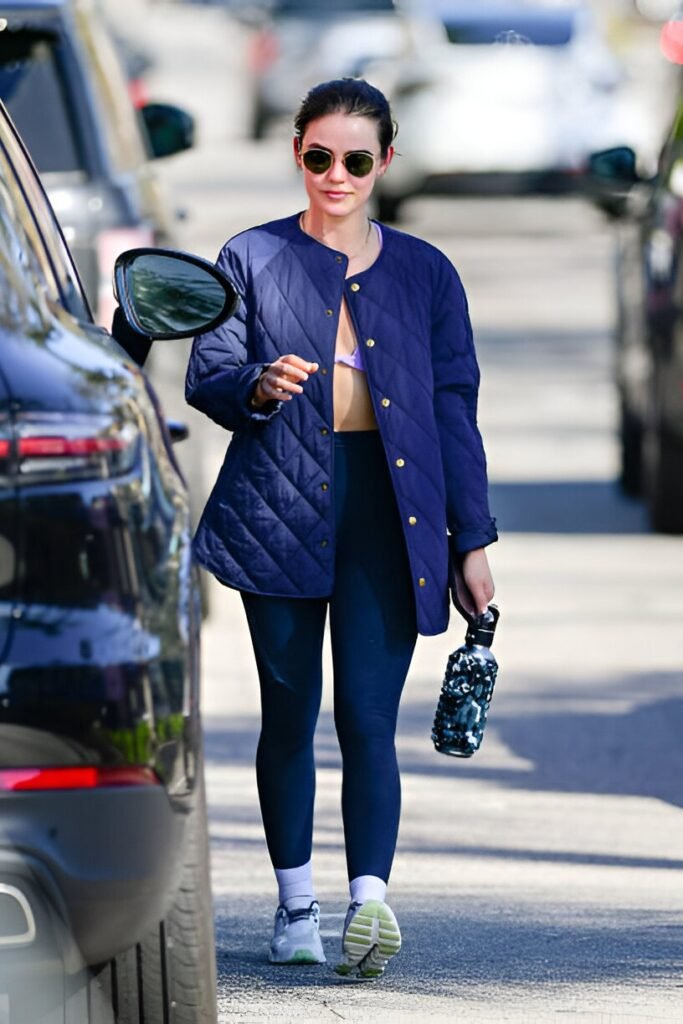 Navy Quilted Collarless Jacket + Lavender Bra Top + Navy Leggings + Grey Sneakers