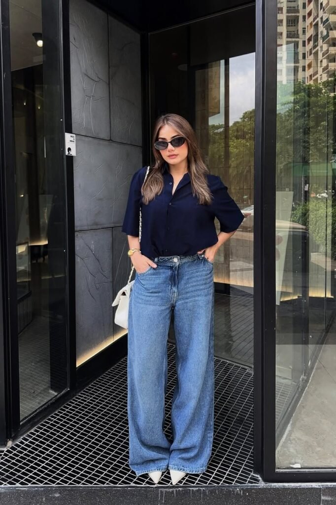Navy Short-Sleeve Button-Up + Wide-Leg Blue Jeans + White Pointed Heels