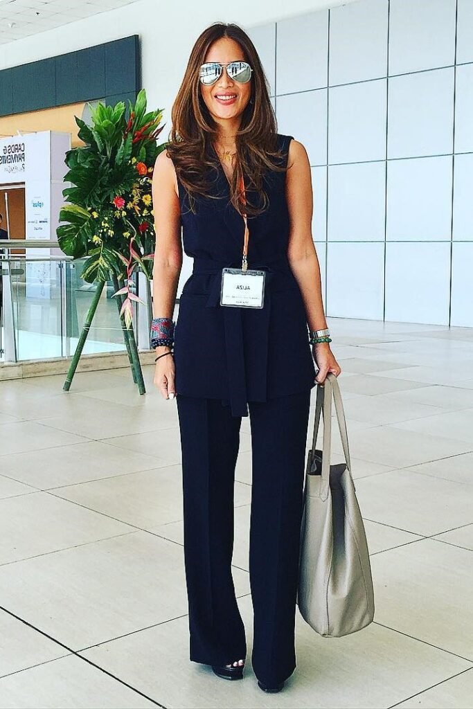 Navy Sleeveless Belted Tunic + Navy Wide-Leg Trousers + Black Platform Sandals