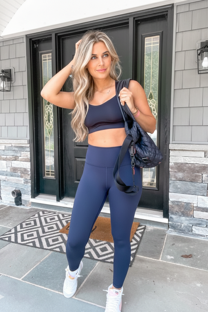 Navy Sports Bra + Navy High-Waisted Leggings + White High-Top Sneakers