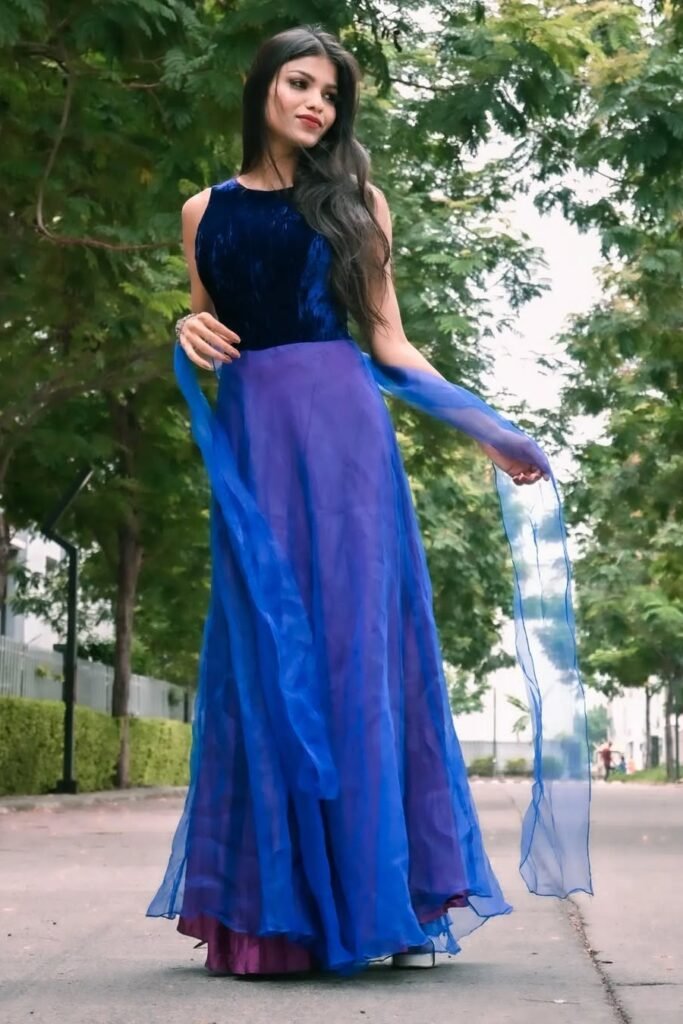 Navy Velvet Sleeveless Top + Royal Blue Sheer Overlay Maxi Skirt + Matching Blue Shawl