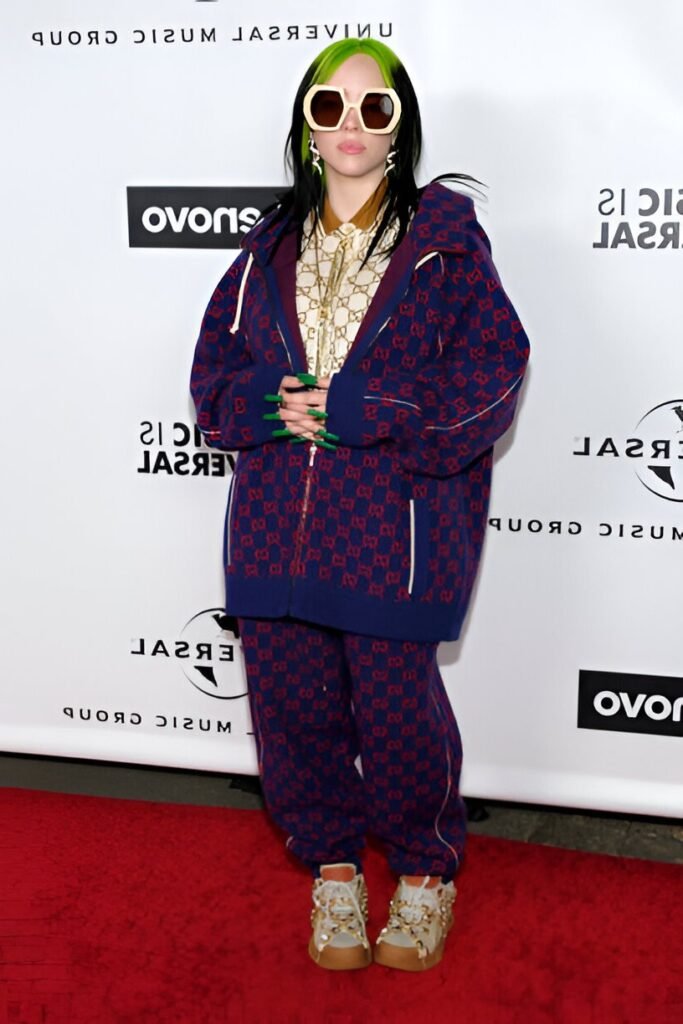 Navy and Red Monogram Zip-Up Hoodie + Matching Monogram Sweatpants + Chunky Embellished Sneakers