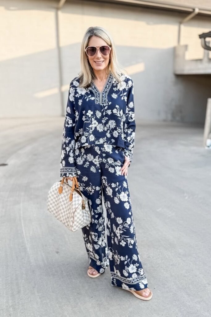Navy and White Floral Matching Set + Tan Aviator Sunglasses + White Checkerboard Satchel + Tan Slide Sandals