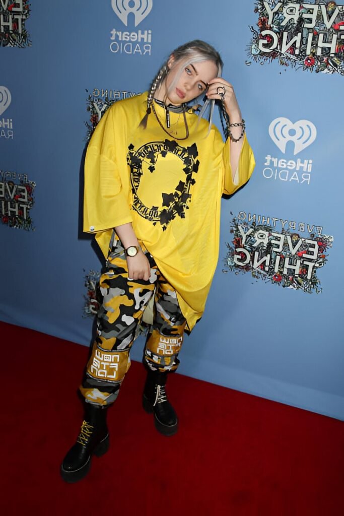 Neon Yellow Graphic Oversized T-Shirt + Yellow Camo Cargo Pants + Black Combat Boots